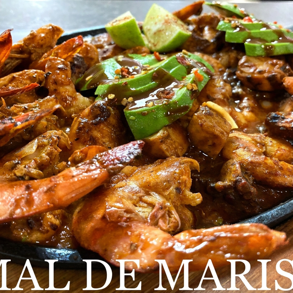 Sizzling seafood platter with shrimp, fish, vegetables, lime, and sauce served on a black skillet.