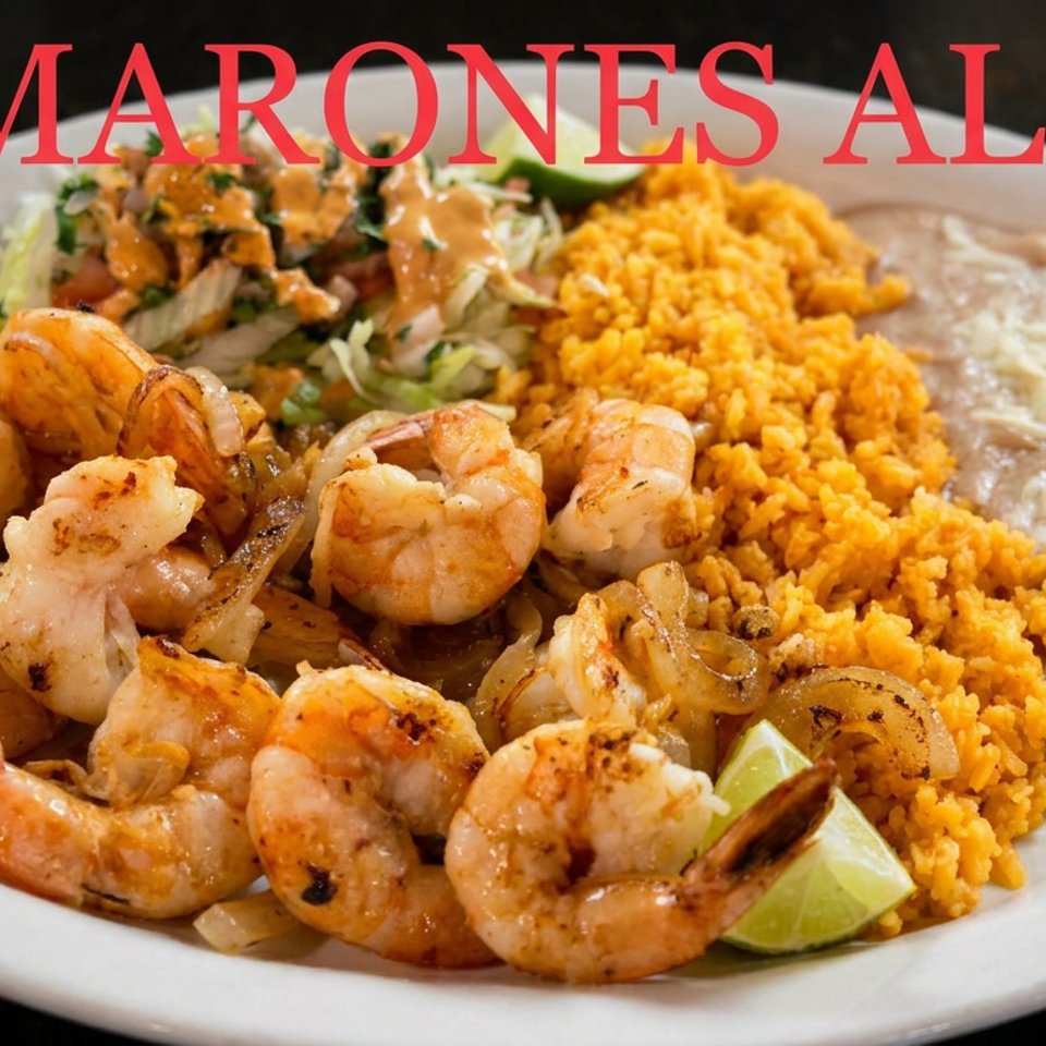 Plate of garlic shrimp with orange rice, refried beans, salad, lime wedges, and tortilla chips.