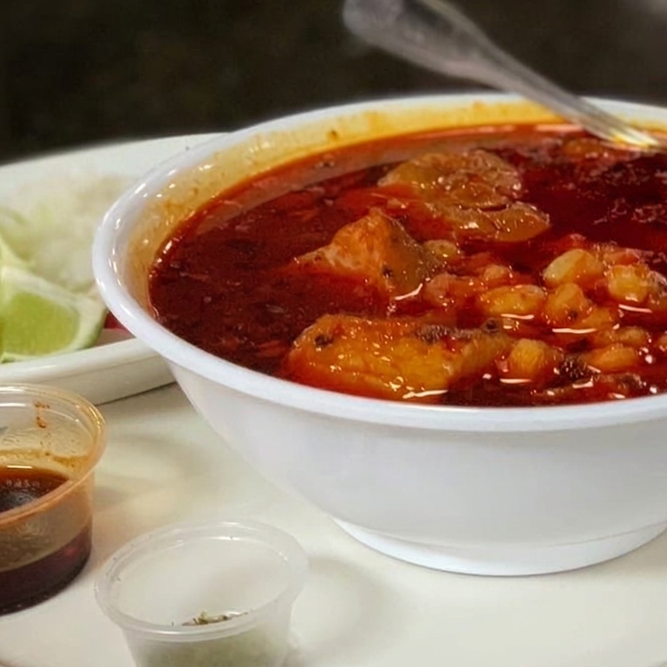 Bowl of red Mexican stew with meat, served alongside lime wedges, shredded cabbage, and small cups of sauce.